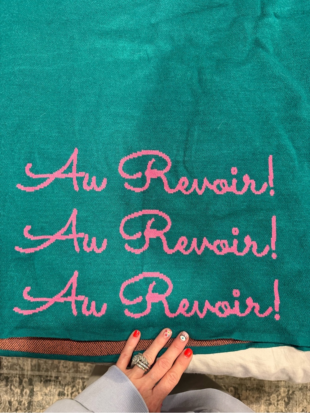 Teal Knit vest with Pink "Au Revoir!" Script